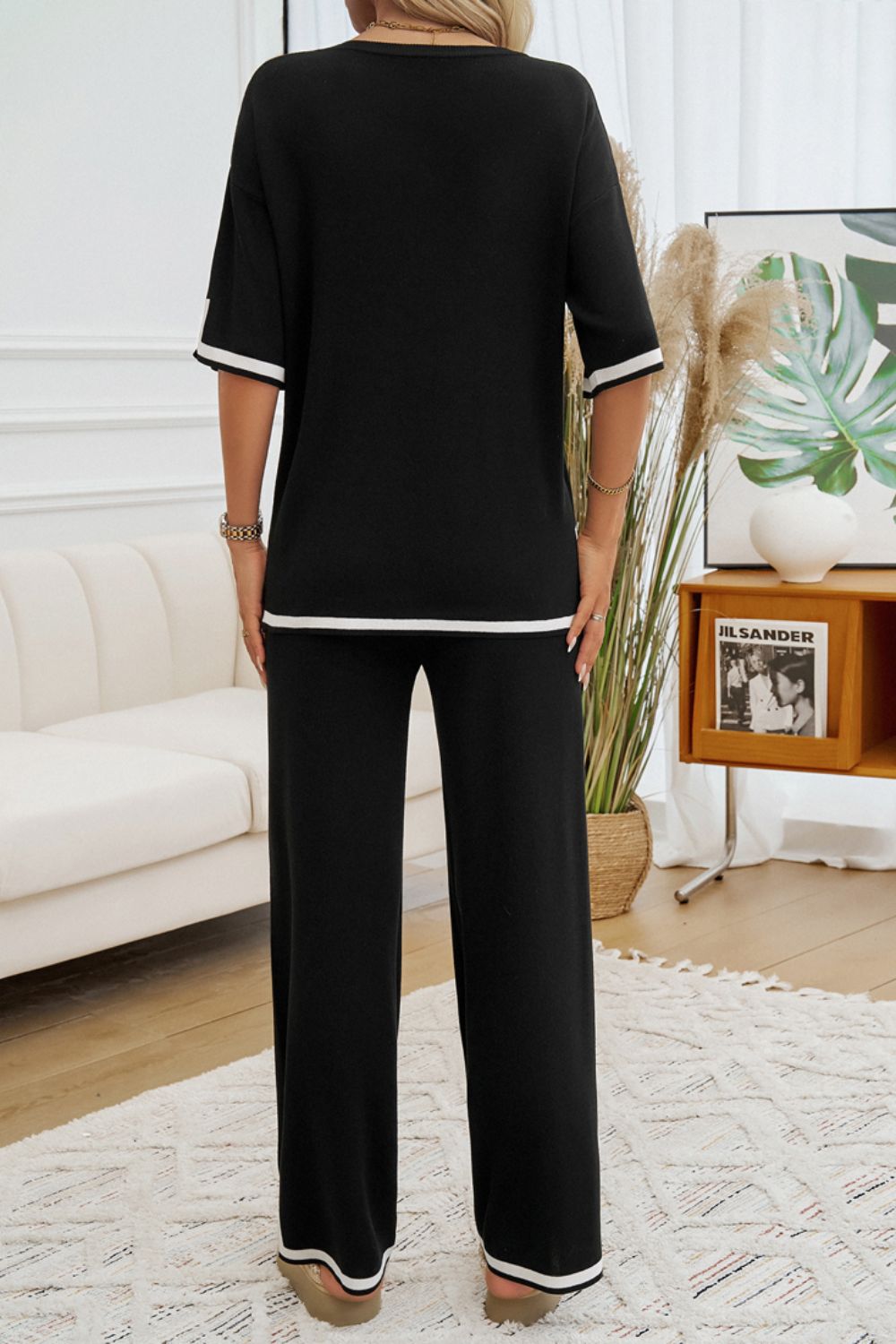 Contrast Trim Half Sleeve Top and Pants Set