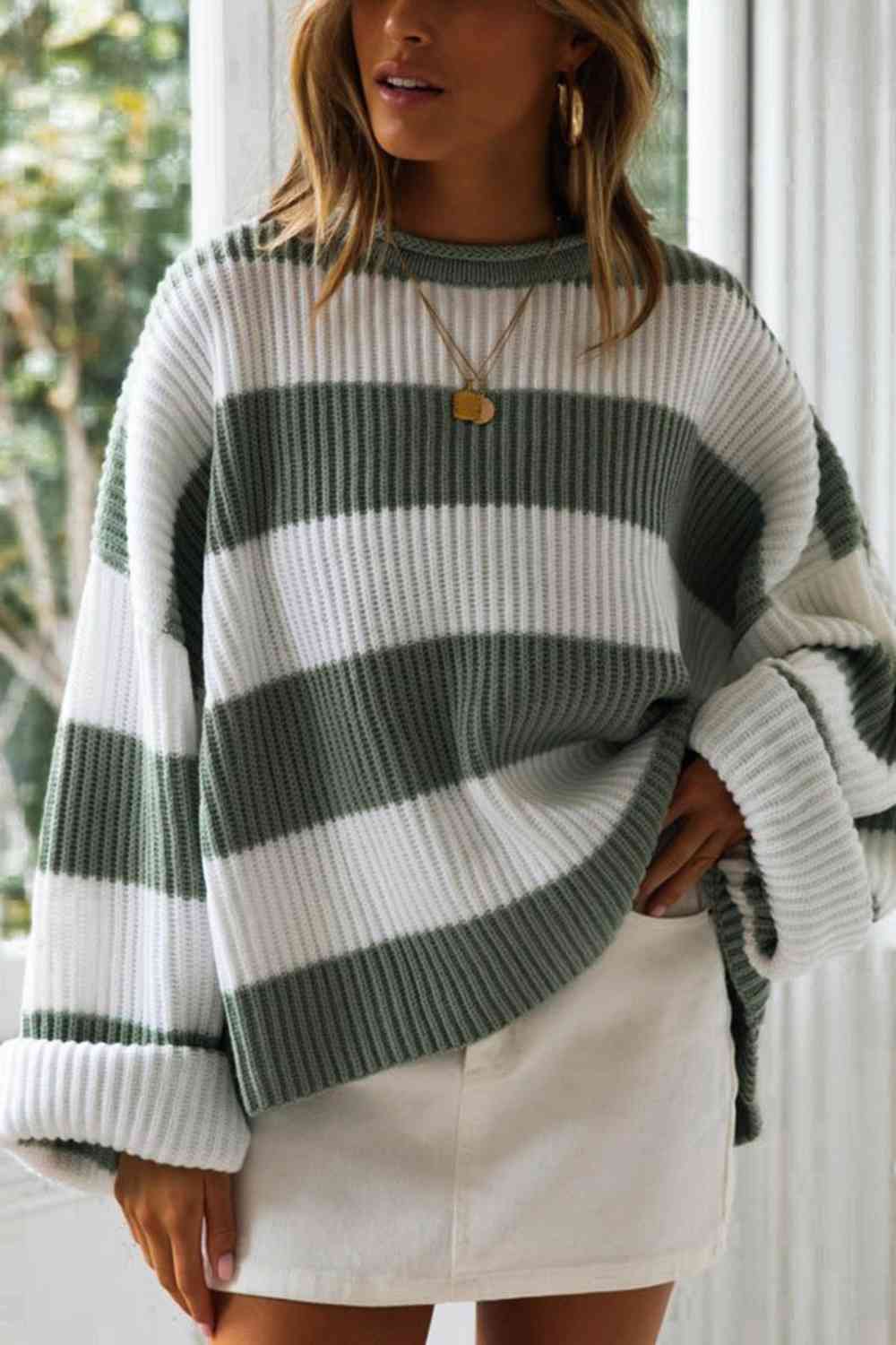 Striped Round Neck Long Sleeve Sweater